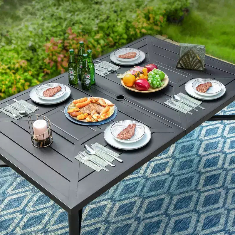 Set da pranzo da esterno 7 pezzi con tavolo rettangolare con foro per ombrellone da 1,9" e sedie in Textilene imbottite - Grigio/Nero - Captiva Designs: Struttura in acciaio