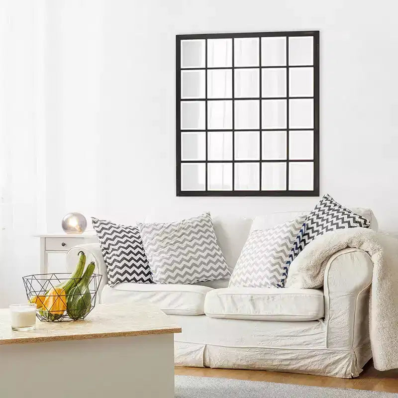 Specchio da parete superiore smussato con cornice in metallo: bronzo anticato, rettangolare, effetto finestre, da parete