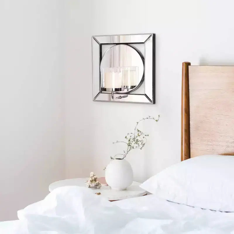 Specchio Quadrato con Portacandele Argento: 30,5 cm Moderno da Parete, Cornice in Legno, Nessun Montaggio Richiesto