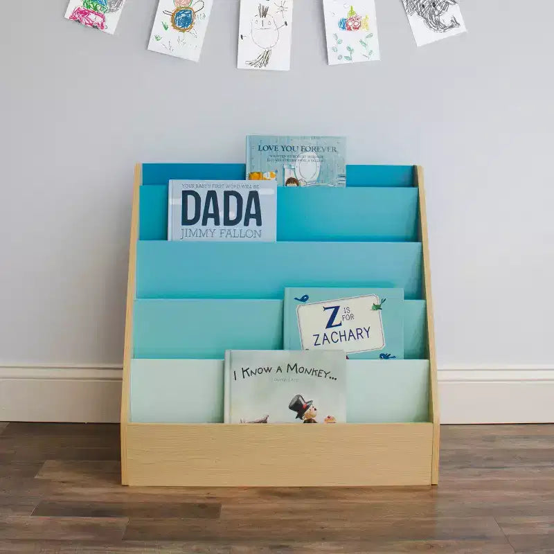 Libreria a Ripiani per Bambini in Legno Naturale/Blu: Struttura in MDF a 4 Ripiani, 61 cm H x 61 cm L x 33 cm P, Età 2+