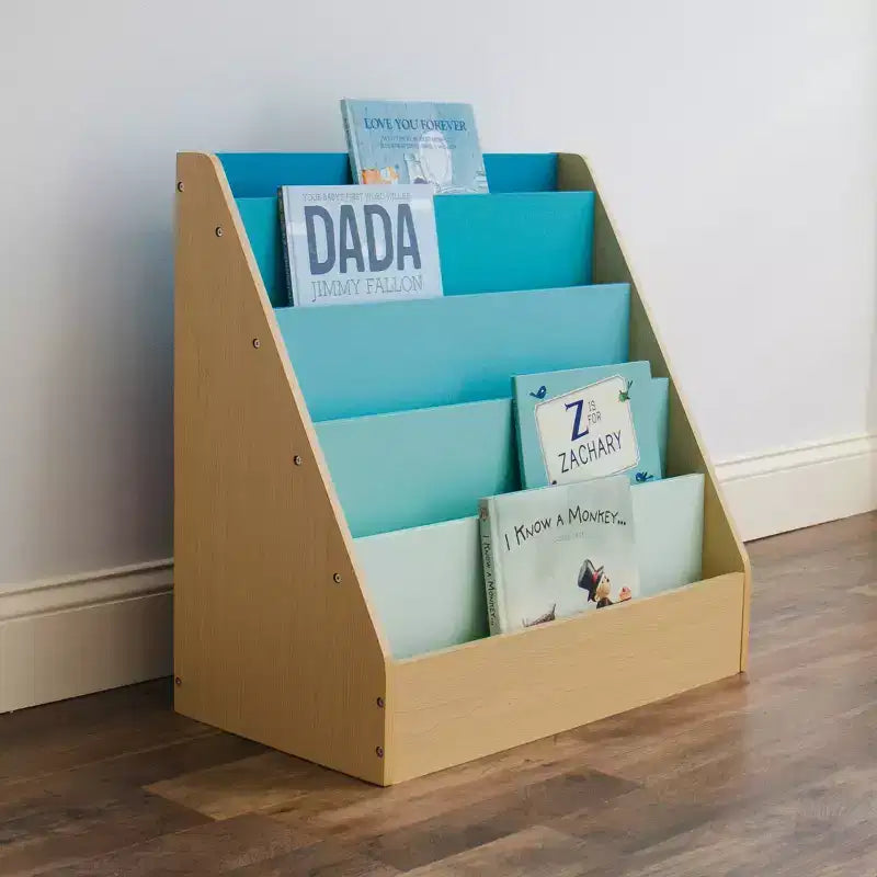 Libreria a Ripiani per Bambini in Legno Naturale/Blu: Struttura in MDF a 4 Ripiani, 61 cm H x 61 cm L x 33 cm P, Età 2+