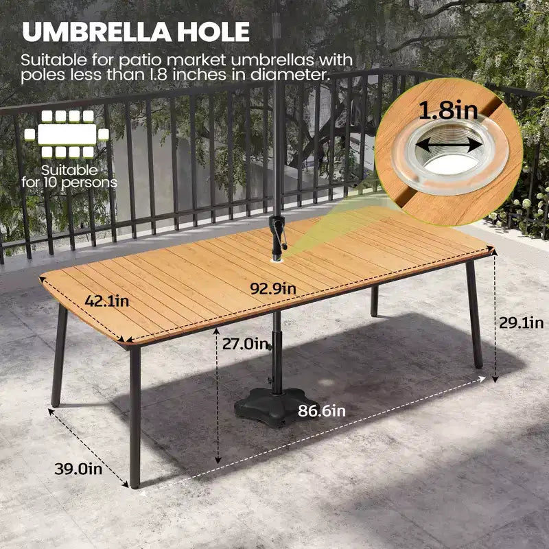 Crestlive Products - Set da pranzo per esterni 7 pezzi per 6 persone, tavolo rettangolare da patio con telaio in alluminio e piano effetto legno, con foro per ombrellone