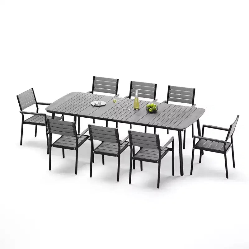 Crestlive Products - Set da pranzo per esterni 7 pezzi per 6 persone, tavolo rettangolare da patio con telaio in alluminio e piano effetto legno, con foro per ombrellone