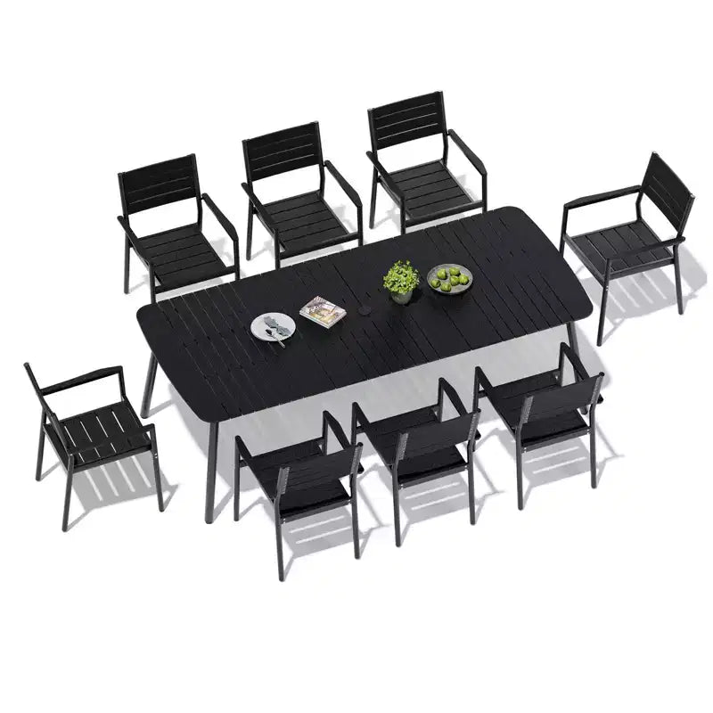 Crestlive Products - Set da pranzo per esterni 7 pezzi per 6 persone, tavolo rettangolare da patio con telaio in alluminio e piano effetto legno, con foro per ombrellone