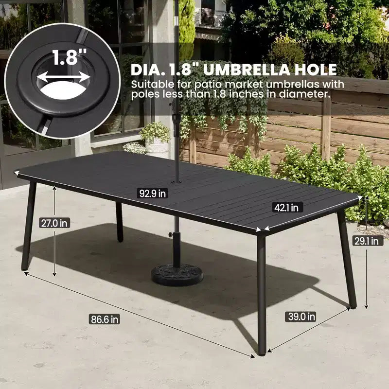 Crestlive Products - Set da pranzo per esterni 7 pezzi per 6 persone, tavolo rettangolare da patio con telaio in alluminio e piano effetto legno, con foro per ombrellone