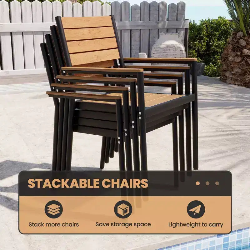 Crestlive Products - Set da pranzo per esterni 7 pezzi per 6 persone, tavolo rettangolare da patio con telaio in alluminio e piano effetto legno, con foro per ombrellone
