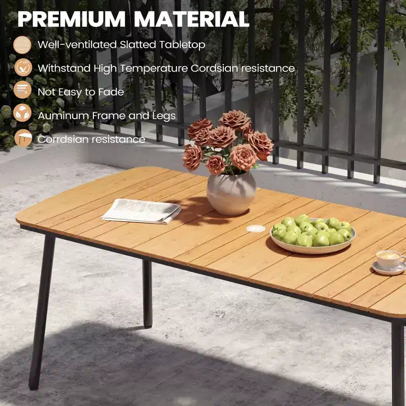 Crestlive Products - Set da pranzo per esterni 7 pezzi per 6 persone, tavolo rettangolare da patio con telaio in alluminio e piano effetto legno, con foro per ombrellone