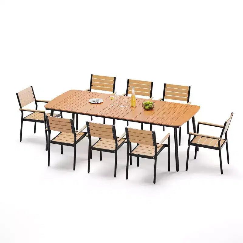 Crestlive Products - Set da pranzo per esterni 7 pezzi per 6 persone, tavolo rettangolare da patio con telaio in alluminio e piano effetto legno, con foro per ombrellone