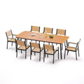 Crestlive Products - Set da pranzo per esterni 7 pezzi per 6 persone, tavolo rettangolare da patio con telaio in alluminio e piano effetto legno, con foro per ombrellone