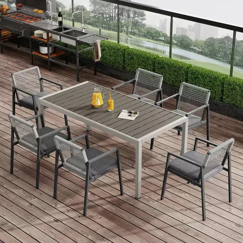 Christopher Knight Home Brooks set da pranzo da 7 pezzi da esterno in alluminio e legno con corda intrecciata, grigio/nero/argento