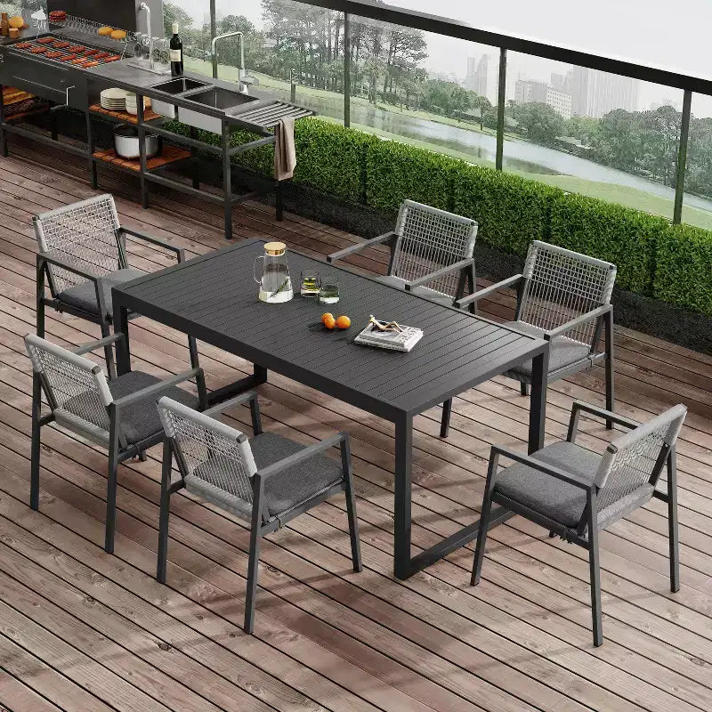 Christopher Knight Home Bennett Set da Pranzo Moderno da Esterno a 7 Pezzi in Alluminio con Corda Intrecciata, Nero/Grigio