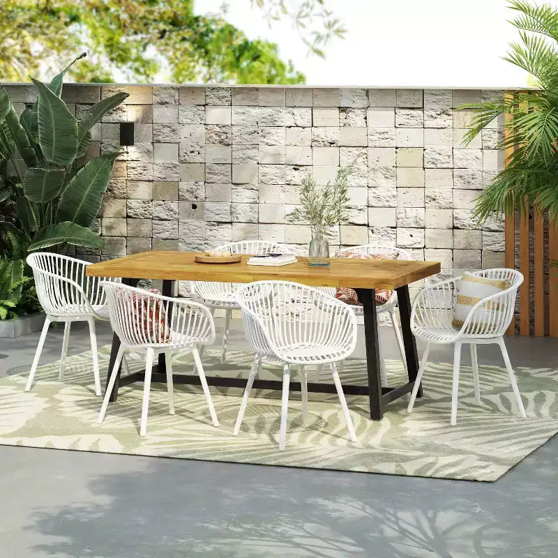 Christopher Knight Home Marley Set da Pranzo da Esterno Moderno 7 Pezzi in Legno di Acacia e Polipropilene, Teak/Nero