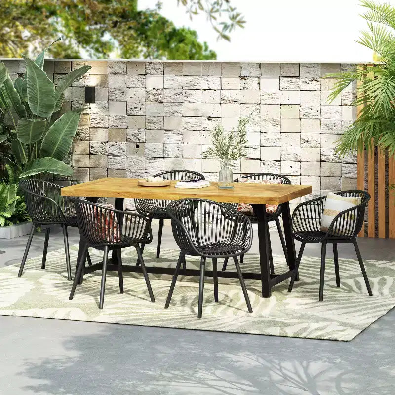 Christopher Knight Home Marley Set da Pranzo da Esterno Moderno 7 Pezzi in Legno di Acacia e Polipropilene, Teak/Nero