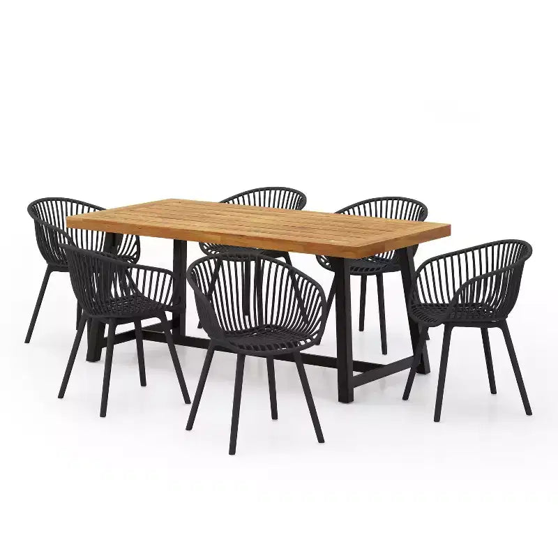 Christopher Knight Home Marley 7 Pieces Patio Modern Acacia Wood and Polypropylene Dining Set, Teak/Black