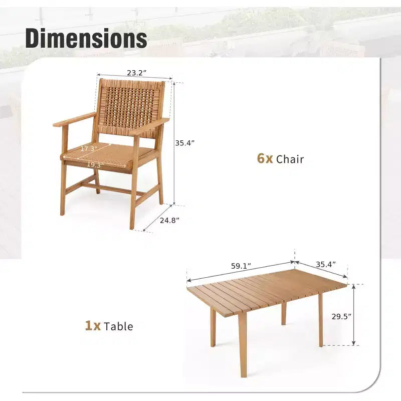 Captiva Designs Set da pranzo da esterno con sedie in rattan e 1 tavolo rettangolare in legno di acacia