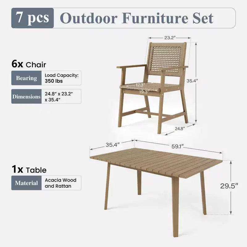 Captiva Designs Set da pranzo da esterno con sedie in rattan e 1 tavolo rettangolare in legno di acacia