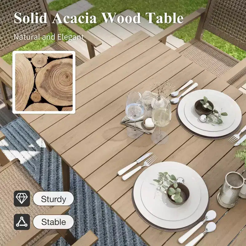Captiva Designs Set da pranzo da esterno con sedie in rattan e 1 tavolo rettangolare in legno di acacia