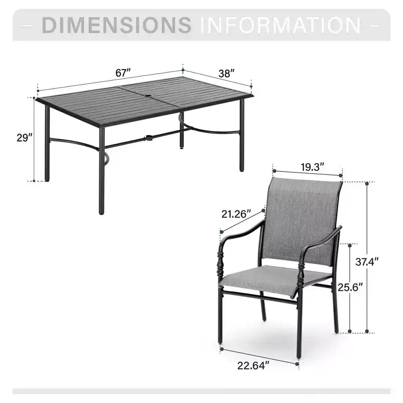 Captiva Designs Set da pranzo da esterno 7 pezzi con tavolo rettangolare con piano a doghe e sedie fisse in textilene grigio