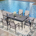 Captiva Designs 7 Pc Patio Outdoor Dining Set with Slat Tabletop Rectangular Table & Gray Textilene Fixed Chairs