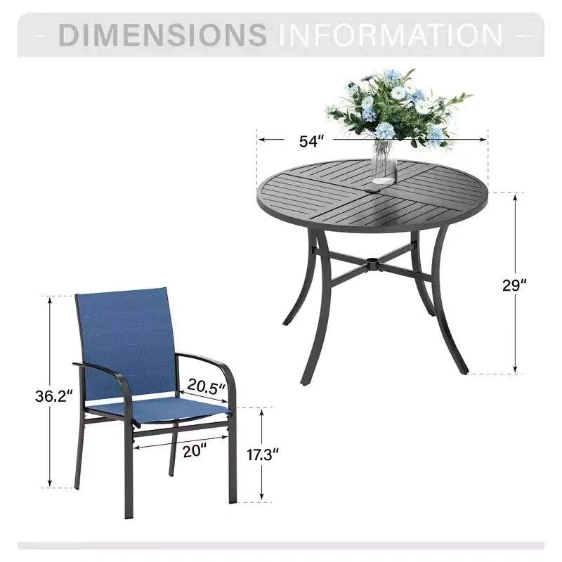 Captiva Designs Set 7 pezzi Tavolo Tondo in Acciaio Nero a Doghe con Foro per Ombrellone e Sedie in Textilene