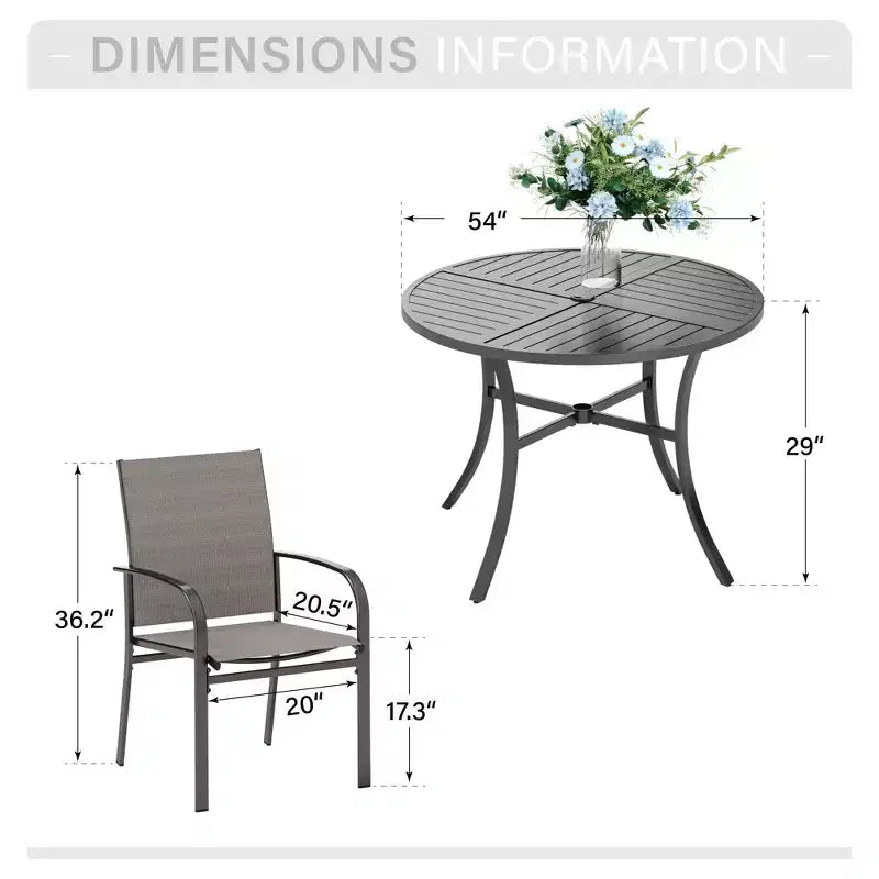 Captiva Designs Set 7 pezzi Tavolo Tondo in Acciaio Nero a Doghe con Foro per Ombrellone e Sedie in Textilene