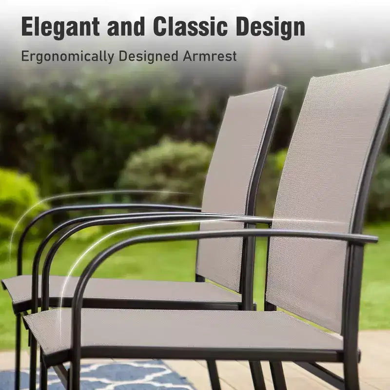 Captiva Designs Set 7 pezzi Tavolo Tondo in Acciaio Nero a Doghe con Foro per Ombrellone e Sedie in Textilene