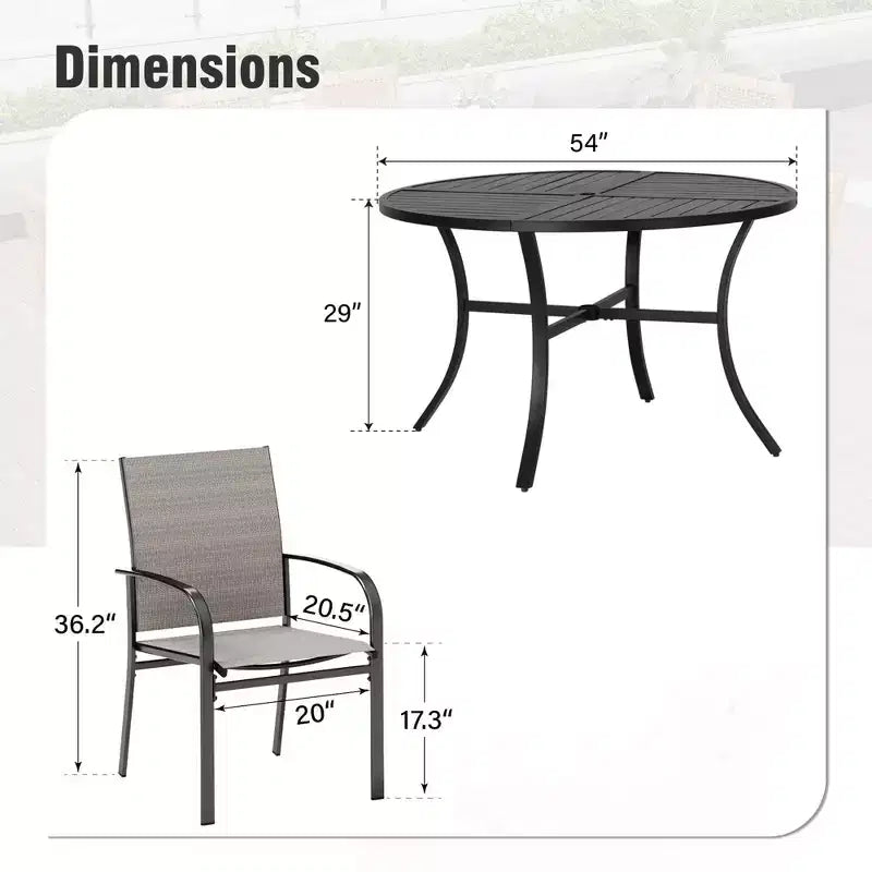 Captiva Designs Set 7 pezzi Tavolo Tondo in Acciaio Nero a Doghe con Foro per Ombrellone e Sedie in Textilene