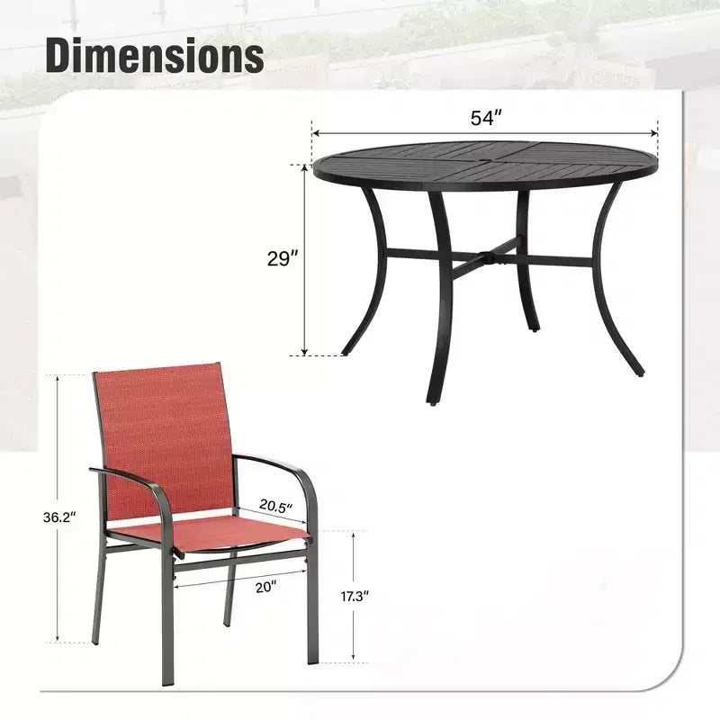 Captiva Designs Set 7 pezzi Tavolo Tondo in Acciaio Nero a Doghe con Foro per Ombrellone e Sedie in Textilene