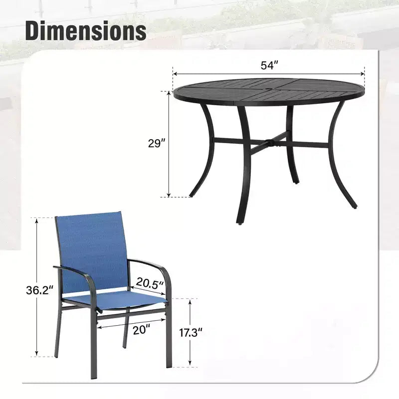 Captiva Designs Set 7 pezzi Tavolo Tondo in Acciaio Nero a Doghe con Foro per Ombrellone e Sedie in Textilene