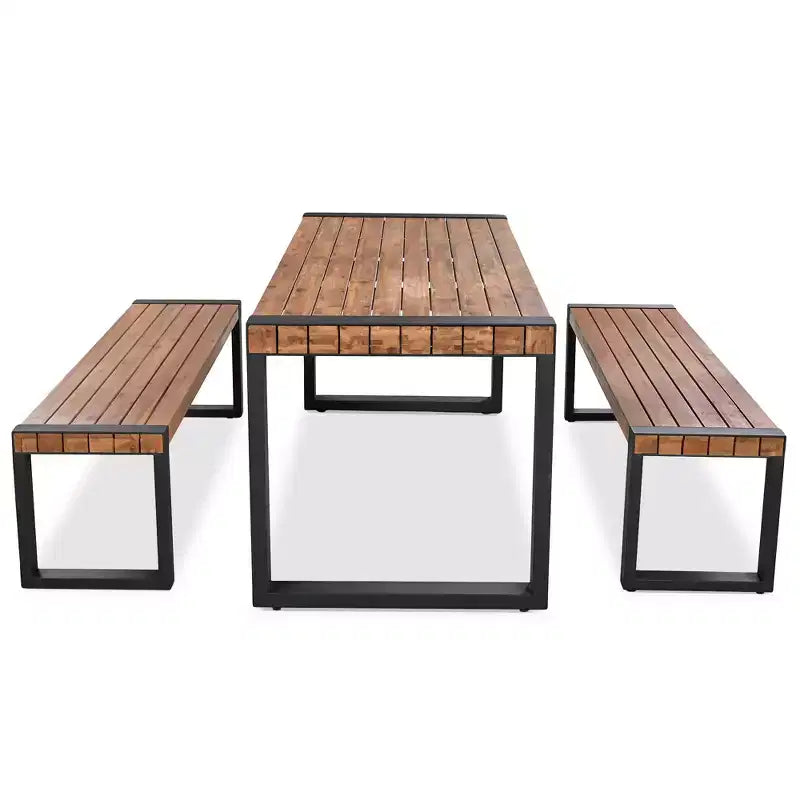 Set Tavolo Da Pranzo Per Esterni Whisen Resistente Alle Intemperie Con 2 Panche, Set Mobili Per Patio Con Texture Unica Del Piano, Piano In Legno Di Acacia E Struttura In Acciaio - Naturale