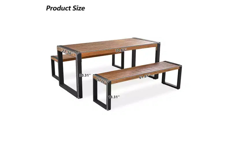 Set Tavolo Da Pranzo Per Esterni Whisen Resistente Alle Intemperie Con 2 Panche, Set Mobili Per Patio Con Texture Unica Del Piano, Piano In Legno Di Acacia E Struttura In Acciaio - Naturale