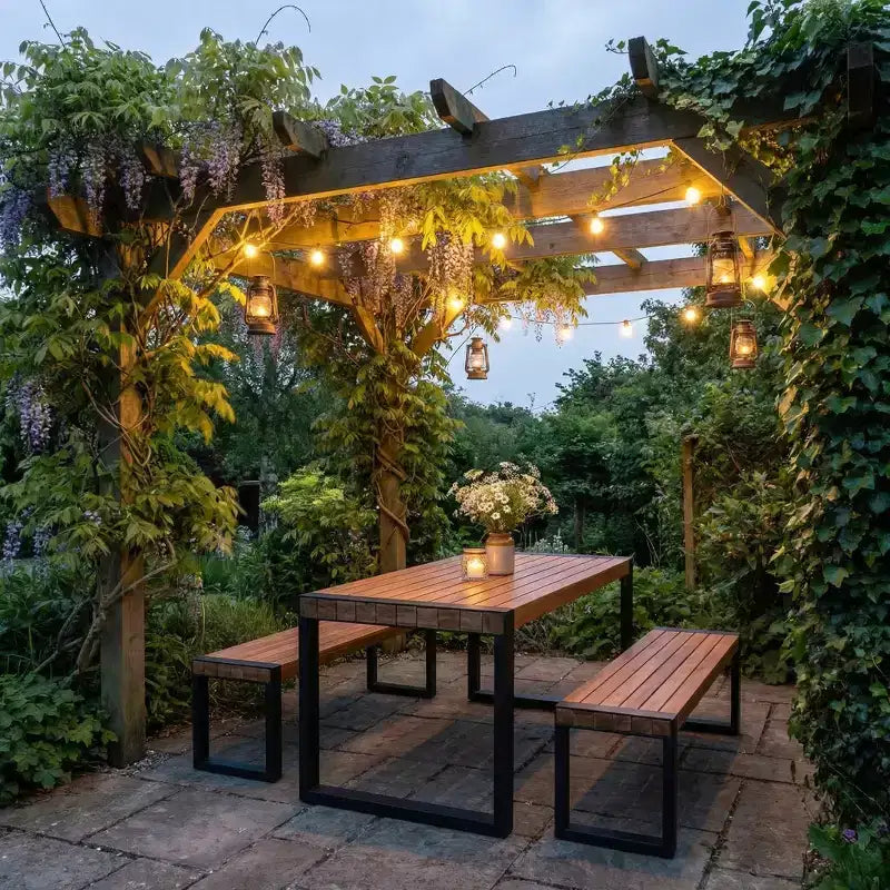 Set Tavolo Da Pranzo Per Esterni Whisen Resistente Alle Intemperie Con 2 Panche, Set Mobili Per Patio Con Texture Unica Del Piano, Piano In Legno Di Acacia E Struttura In Acciaio - Naturale