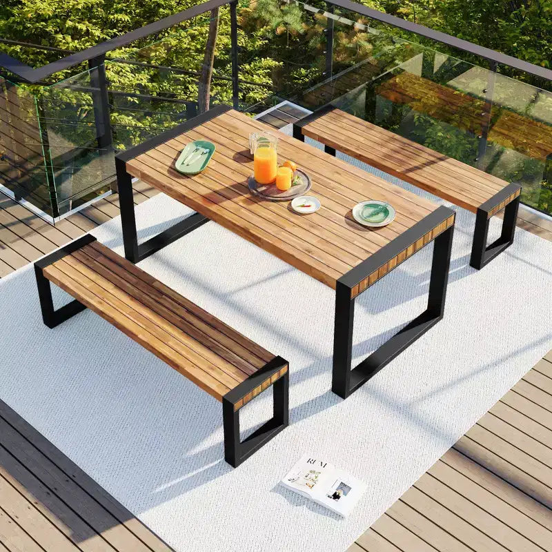 Set Tavolo Da Pranzo Per Esterni Whisen Resistente Alle Intemperie Con 2 Panche, Set Mobili Per Patio Con Texture Unica Del Piano, Piano In Legno Di Acacia E Struttura In Acciaio - Naturale