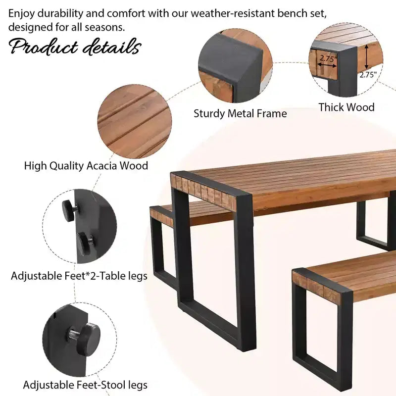 Set Tavolo Da Pranzo Per Esterni Whisen Resistente Alle Intemperie Con 2 Panche, Set Mobili Per Patio Con Texture Unica Del Piano, Piano In Legno Di Acacia E Struttura In Acciaio - Naturale