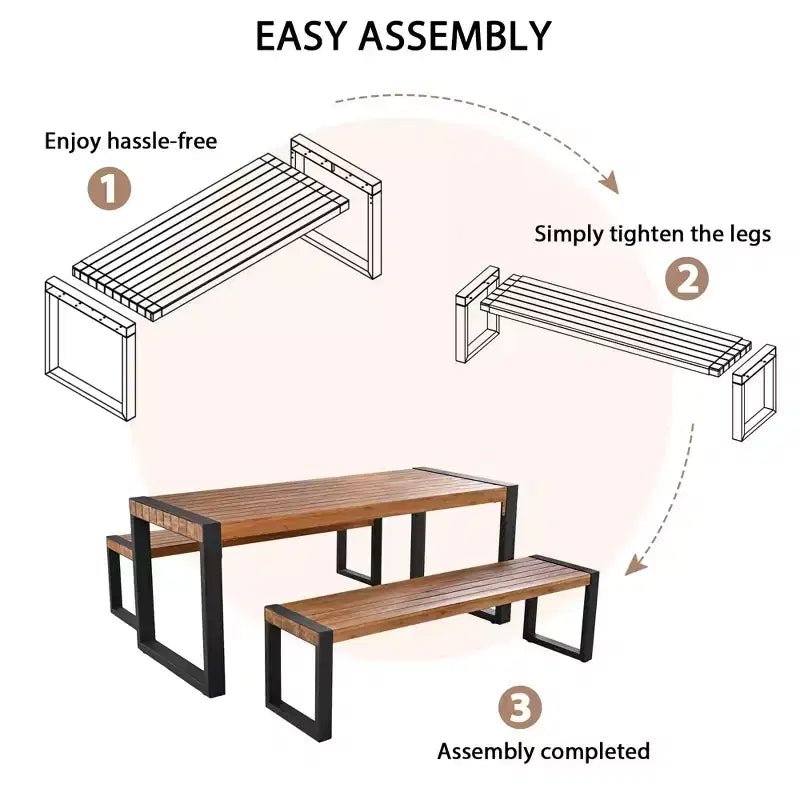 Set Tavolo Da Pranzo Per Esterni Whisen Resistente Alle Intemperie Con 2 Panche, Set Mobili Per Patio Con Texture Unica Del Piano, Piano In Legno Di Acacia E Struttura In Acciaio - Naturale