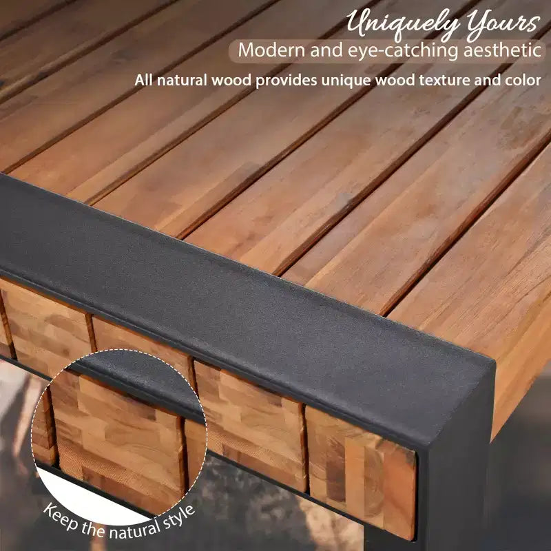 Set Tavolo Da Pranzo Per Esterni Whisen Resistente Alle Intemperie Con 2 Panche, Set Mobili Per Patio Con Texture Unica Del Piano, Piano In Legno Di Acacia E Struttura In Acciaio - Naturale