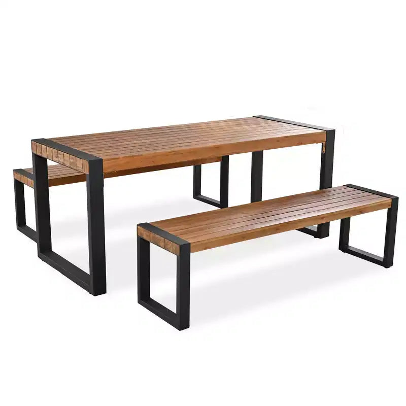Set Tavolo Da Pranzo Per Esterni Whisen Resistente Alle Intemperie Con 2 Panche, Set Mobili Per Patio Con Texture Unica Del Piano, Piano In Legno Di Acacia E Struttura In Acciaio - Naturale