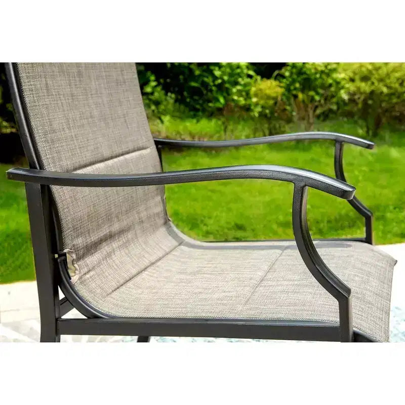 Captiva Designs Set da 7 Pezzi da Giardino Tavolo Rotondo in Acciaio Nero a Doghe con Foro per Ombrellone e Sedie in Textilene Marrone Grigio