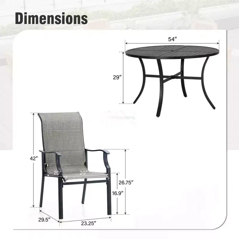 Captiva Designs Set da 7 Pezzi da Giardino Tavolo Rotondo in Acciaio Nero a Doghe con Foro per Ombrellone e Sedie in Textilene Marrone Grigio