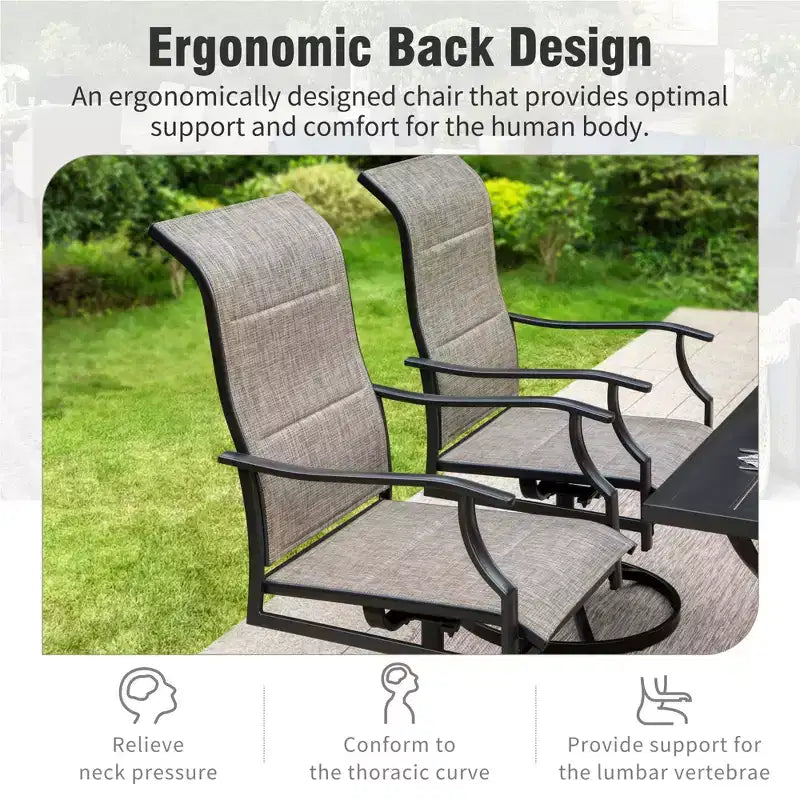 Captiva Designs Set da 7 Pezzi da Giardino Tavolo Rotondo in Acciaio Nero a Doghe con Foro per Ombrellone e Sedie in Textilene Marrone Grigio