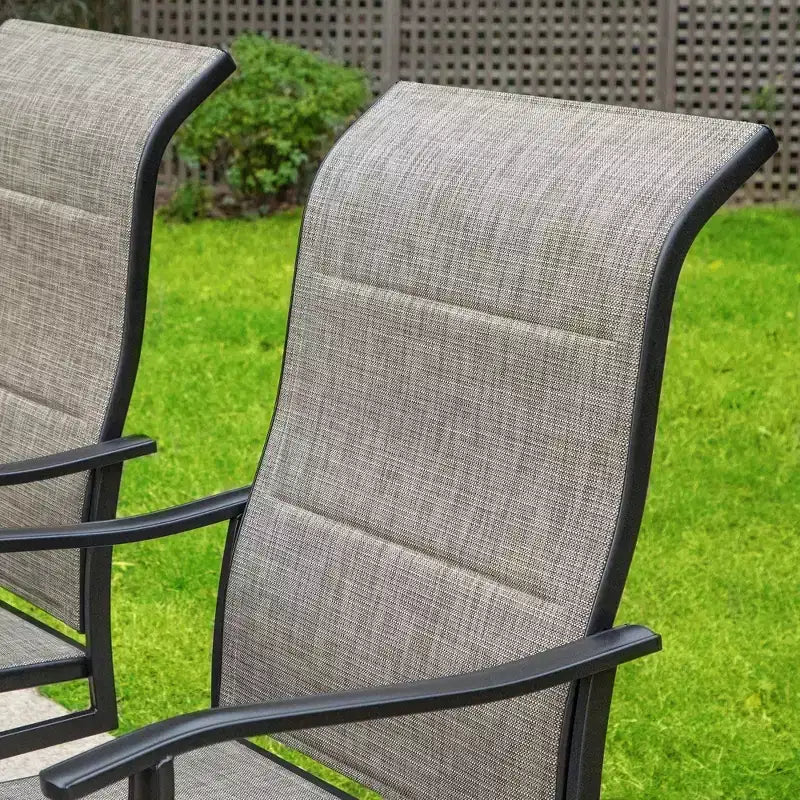 Captiva Designs Set da 7 Pezzi da Giardino Tavolo Rotondo in Acciaio Nero a Doghe con Foro per Ombrellone e Sedie in Textilene Marrone Grigio