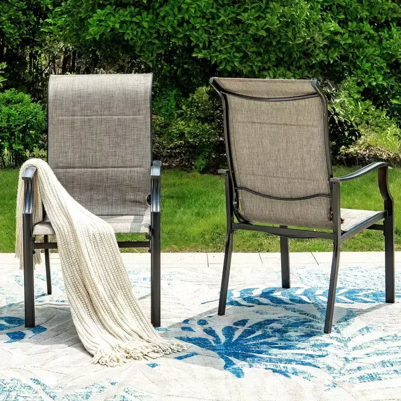 Captiva Designs Set da 7 Pezzi da Giardino Tavolo Rotondo in Acciaio Nero a Doghe con Foro per Ombrellone e Sedie in Textilene Marrone Grigio