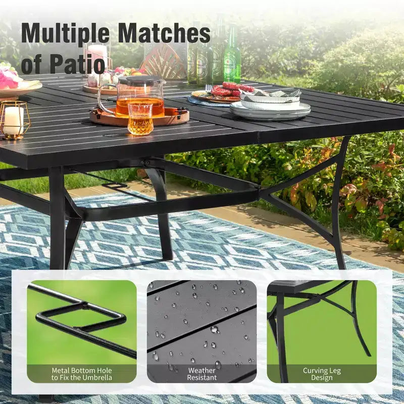 Captiva Designs Tavolo Quadrato in Metallo 9pz con Piano a Doghe Spazioso, Foro per Ombrellone e Sedie Pieghevoli Reclinabili in Tessuto Sling