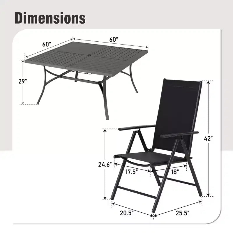 Captiva Designs Tavolo Quadrato in Metallo 9pz con Piano a Doghe Spazioso, Foro per Ombrellone e Sedie Pieghevoli Reclinabili in Tessuto Sling