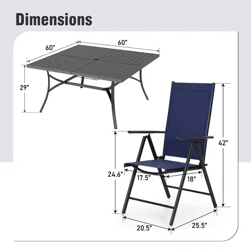 Captiva Designs Tavolo Quadrato in Metallo 9pz con Piano a Doghe Spazioso, Foro per Ombrellone e Sedie Pieghevoli Reclinabili in Tessuto Sling