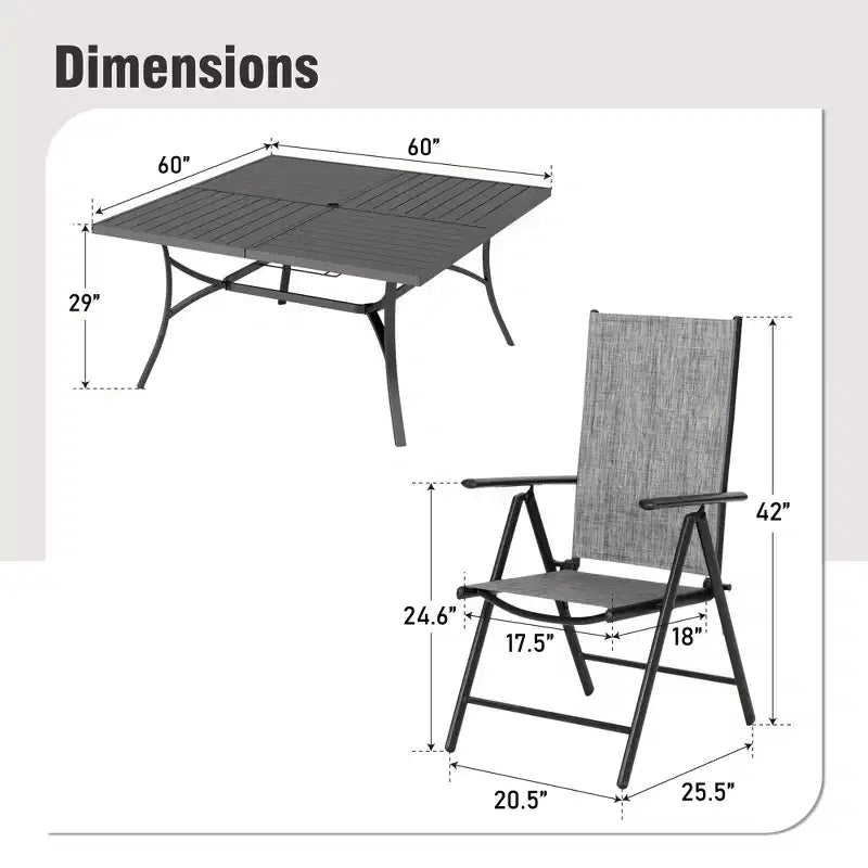 Captiva Designs Tavolo Quadrato in Metallo 9pz con Piano a Doghe Spazioso, Foro per Ombrellone e Sedie Pieghevoli Reclinabili in Tessuto Sling