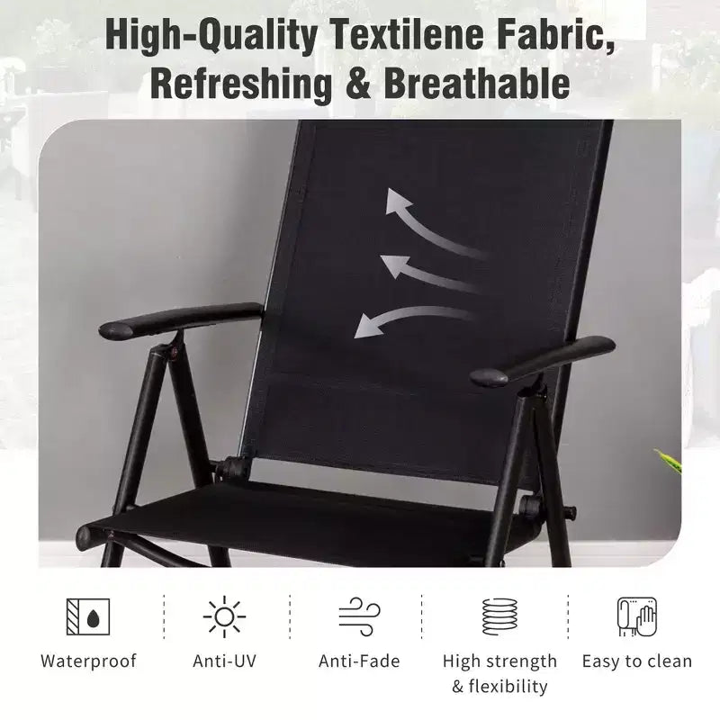 Captiva Designs Tavolo Quadrato in Metallo 9pz con Piano a Doghe Spazioso, Foro per Ombrellone e Sedie Pieghevoli Reclinabili in Tessuto Sling