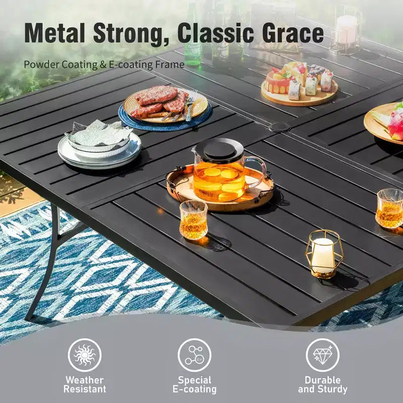 Captiva Designs Tavolo Quadrato in Metallo 9pz con Piano a Doghe Spazioso, Foro per Ombrellone e Sedie Pieghevoli Reclinabili in Tessuto Sling