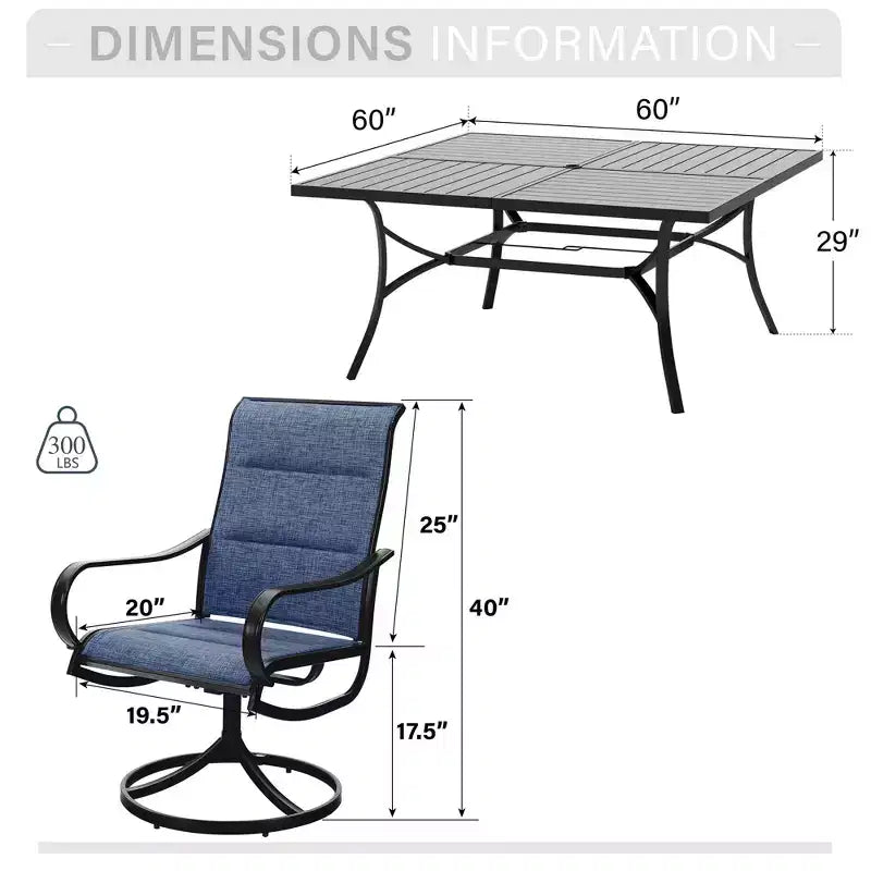 Captiva Designs set da 9 pezzi con ampio tavolo quadrato in metallo con piano a doghe e foro per ombrellone, e sedie girevoli in Textilene imbottite