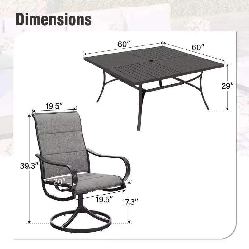 Captiva Designs set da 9 pezzi con ampio tavolo quadrato in metallo con piano a doghe e foro per ombrellone, e sedie girevoli in Textilene imbottite